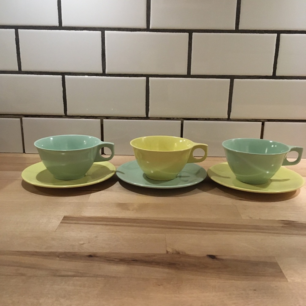 Vintage Melamine Cups & Saucers, Mint Green & Pale Yellow